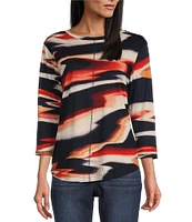 Westbound Petite Size Reflective Sunset Abstract Print 3/4 Sleeve Knit Crew Neck Top