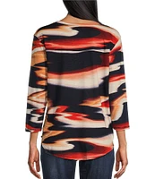 Westbound Petite Size Reflective Sunset Abstract Print 3/4 Sleeve Knit Crew Neck Top