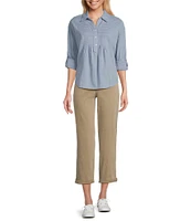 Westbound Petite Size Roll Tab 3/4 Sleeve Point Collar Henley Top