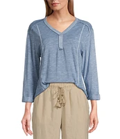 Westbound Petite Size Rolled 3/4 Sleeve Faux Henley Top