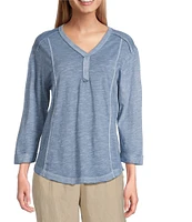 Westbound Petite Size Rolled 3/4 Sleeve Faux Henley Top