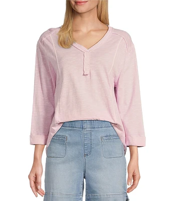 Westbound Petite Size Rolled 3/4 Sleeve Faux Henley Top