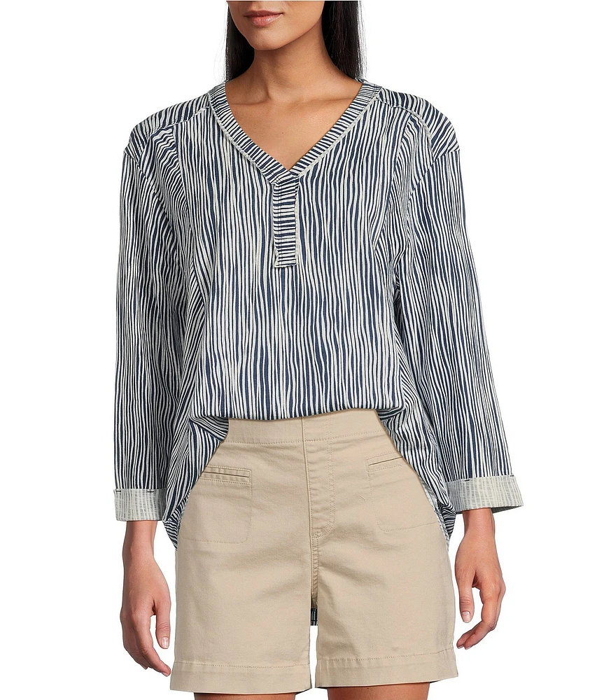 Westbound Petite Size Rolled 3/4 Sleeve Faux Henley Top