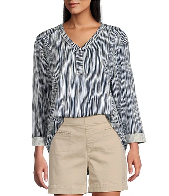 Westbound Petite Size Rolled 3/4 Sleeve Faux Henley Top