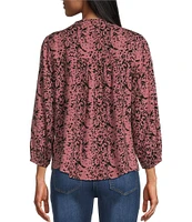 Westbound Petite Size Rose Animal Print 3/4 Sleeve Y-Neck Button Front Top