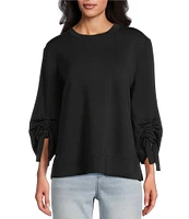 Westbound Petite Size Ruched Sleeve Crew Neck Top