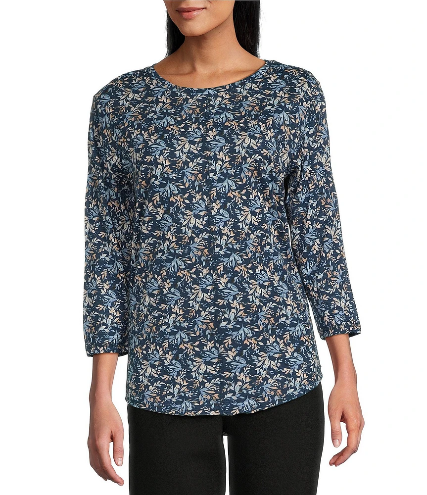 Westbound Petite Size Shadow Garden Floral 3/4 Sleeve Knit Crew Neck Top