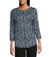 Westbound Petite Size Shadow Garden Floral 3/4 Sleeve Knit Crew Neck Top