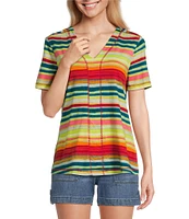 Westbound Petite Size Shimmering Stripe Short Sleeve V-Neck Top