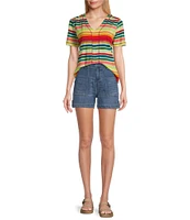 Westbound Petite Size Shimmering Stripe Short Sleeve V-Neck Top