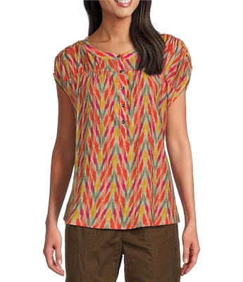 Westbound Petite Size Short Sleeve Chevron Ruched Linen Blend Henley Top