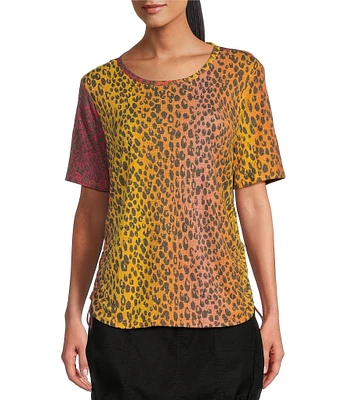 Westbound Petite Size Short Sleeve Crew Neck Ruched Animal Print Tee