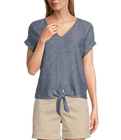 Westbound Petite Size Linen Blend Short Sleeve V-Neck Tie Front Top