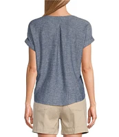 Westbound Petite Size Linen Blend Short Sleeve V-Neck Tie Front Top
