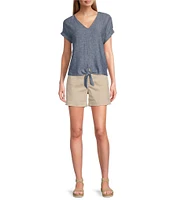 Westbound Petite Size Linen Blend Short Sleeve V-Neck Tie Front Top