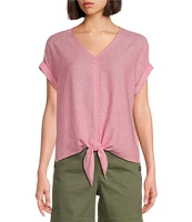 Westbound Petite Size Linen Blend Short Sleeve V-Neck Tie Front Top