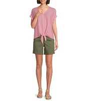 Westbound Petite Size Linen Blend Short Sleeve V-Neck Tie Front Top