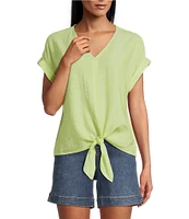 Westbound Petite Size Linen Blend Short Sleeve V-Neck Tie Front Top