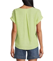 Westbound Petite Size Linen Blend Short Sleeve V-Neck Tie Front Top