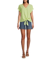 Westbound Petite Size Linen Blend Short Sleeve V-Neck Tie Front Top