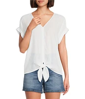 Westbound Petite Size Linen Blend Short Sleeve V-Neck Tie Front Top