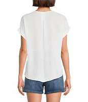 Westbound Petite Size Linen Blend Short Sleeve V-Neck Tie Front Top