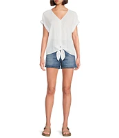 Westbound Petite Size Linen Blend Short Sleeve V-Neck Tie Front Top