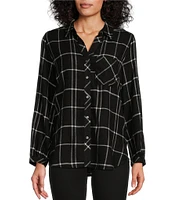 Westbound Petite Size Simple Plaid Print Long Sleeve Y-Neck Button Front Collared Top