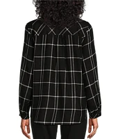 Westbound Petite Size Simple Plaid Print Long Sleeve Y-Neck Button Front Collared Top