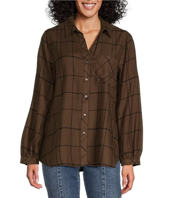 Westbound Petite Size Simple Plaid Print Long Sleeve Y-Neck Button Front Collared Top