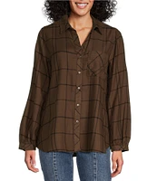 Westbound Petite Size Simple Plaid Print Long Sleeve Y-Neck Button Front Collared Top