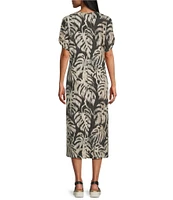 Westbound Petite Size Sketched Palms Short Sleeve V-Neck Shift Dress