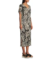 Westbound Petite Size Sketched Palms Short Sleeve V-Neck Shift Dress