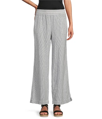 Westbound Petite Size Stripe Print Smocked Waist Mid Rise Wide Leg Linen Pants