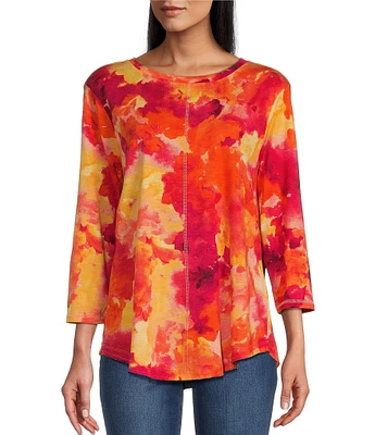 Westbound Petite Size Sunset Cloud Abstract Print 3/4 Sleeve Knit Crew Neck Top