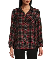 Westbound Petite Size Tartan Plaid Print Long Sleeve Y-Neck Button Front Collared Top