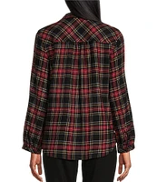 Westbound Petite Size Tartan Plaid Print Long Sleeve Y-Neck Button Front Collared Top