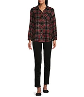 Westbound Petite Size Tartan Plaid Print Long Sleeve Y-Neck Button Front Collared Top