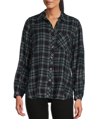 Westbound Petite Size Tartan Plaid Print Long Sleeve Y-Neck Button Front Collared Top