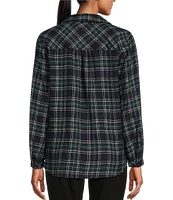 Westbound Petite Size Tartan Plaid Print Long Sleeve Y-Neck Button Front Collared Top