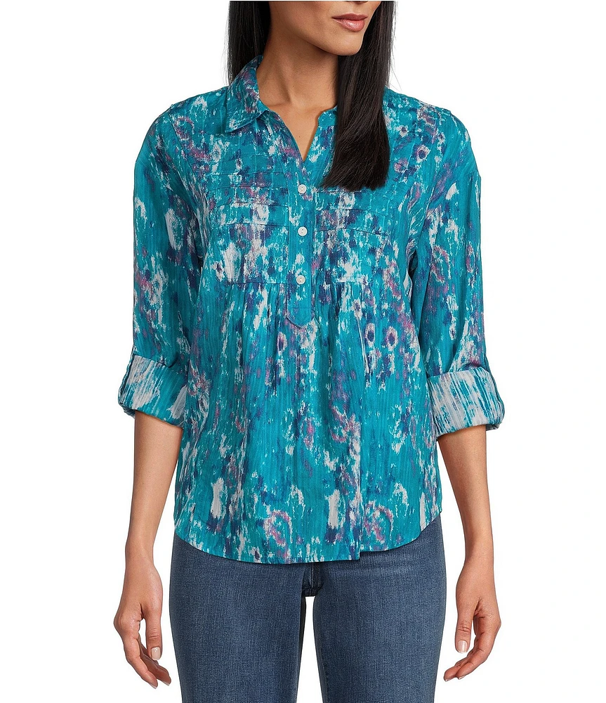 Westbound Petite Size Tie-Dye Roll Tab 3/4 Sleeve Point Collar Henley Top