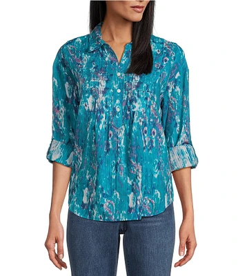Westbound Petite Size Tie-Dye Roll Tab 3/4 Sleeve Point Collar Henley Top