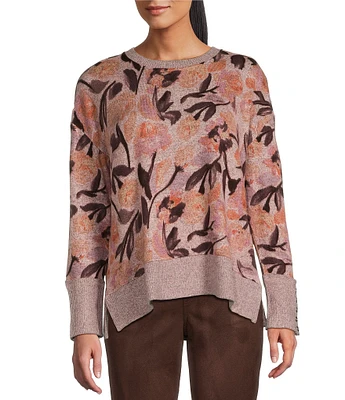 Westbound Petite Size Tonal Floral Toss Print Long Sleeve Crew Neck Button Cuff Top