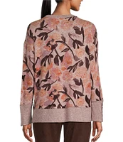 Westbound Petite Size Tonal Floral Toss Print Long Sleeve Crew Neck Button Cuff Top