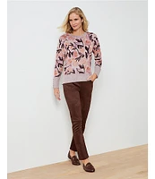 Westbound Petite Size Tonal Floral Toss Print Long Sleeve Crew Neck Button Cuff Top