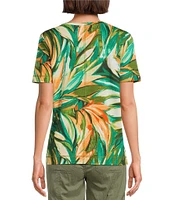 Westbound Petite Size Tropical Leaf Short Sleeve Crew Neck Top