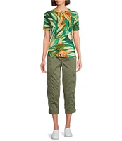 Westbound Petite Size Tropical Leaf Short Sleeve Crew Neck Top