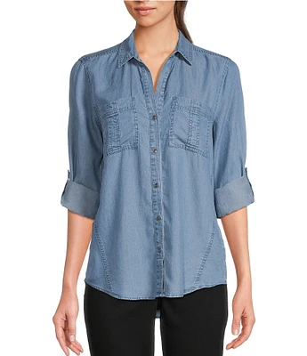 Westbound Petite Size Woven Chambray Long Roll-Tab Sleeve Point Collar Y-Neck Button Front Shirt