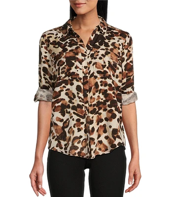 Westbound Petite Size Woven Leopard Print Long Roll-Tab Sleeve Point Collar Y-Neck Button Front Shirt