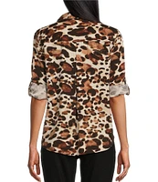 Westbound Petite Size Woven Leopard Print Long Roll-Tab Sleeve Point Collar Y-Neck Button Front Shirt